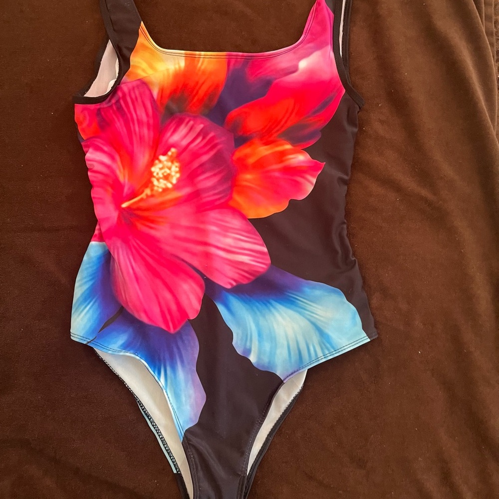 Girls Floral Pink Blue Yellow Swimsuit Sz Lg